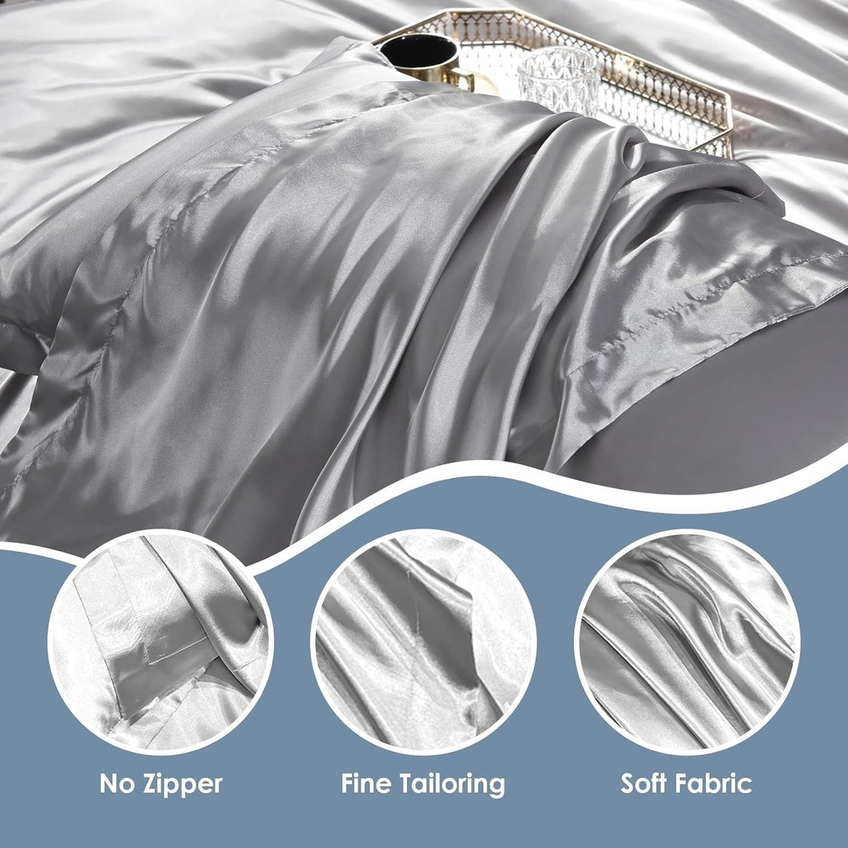 SnelShoppen - Set van 2 Luxe Hypoallergene Satin Kussenslopen 50x80cm, Zijdezacht en Comfortabel voor Huid en Haar, Met Wrap Sluiting, Zilver