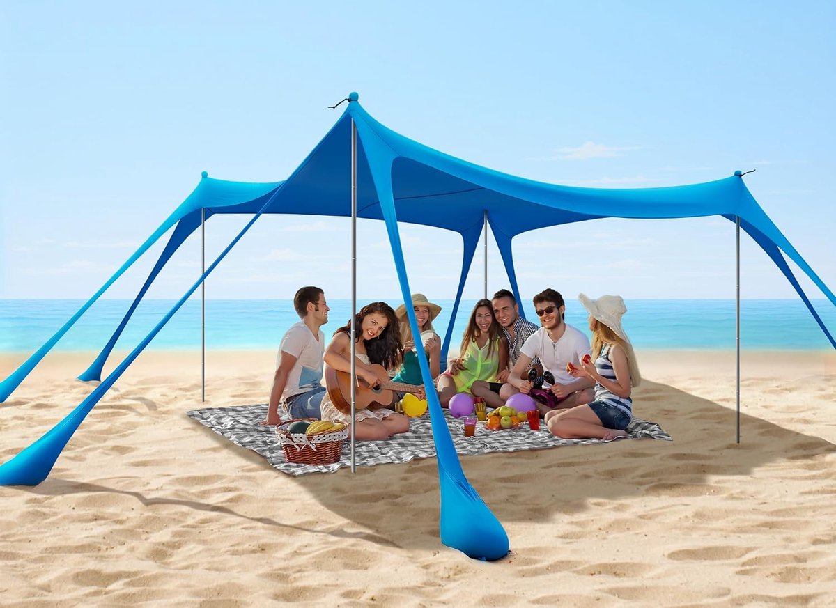 SnelShoppen - Strandtent Premium Lycra 3x3m, UPF 50+, Draagbaar Zonnezeil met 4 Stabiliteitsstangen, Anker, Zandschep en Draagtas voor Strand, Picknic