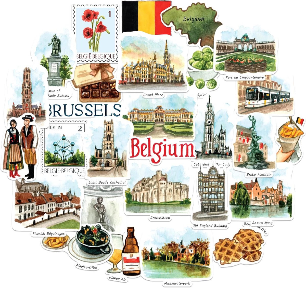 SnelShoppen - Navy Peony Beautiful Belgium Sticker Set - Handgeschilderde Waterverf, Glanzend, Waterdicht - 28 Stuks voor Koffers, Laptops, Waterfless
