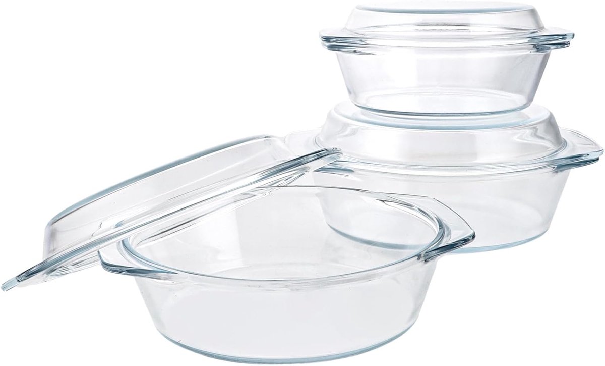 SnelShoppen - Glass Baking Dish Set met Deksel, 3 Stuks, Rond, 650/1000/1400 ml, Oven- en Magnetronbestendig, Handvatten, Ideaal voor Salades, Vlees e