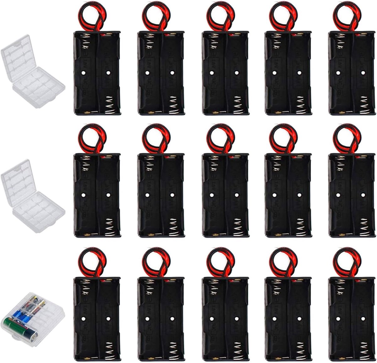 SnelShoppen - 15 Pcs AA Batterijhouder Plastic met Kabel en 3 Opslagdozen - 2 Slots voor 2 x 1.5V AA Batterijen - Multifunctionele Batterijbox voor Ho