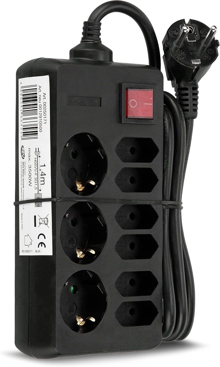 SnelShoppen - Power Strip 9-Weg Stekkerdoos 1.4 m, Max 3500 W, Zwart, Geschikt voor Euro en Hoekstekkers, Met Verlichte Schakelaar, Ideaal voor Thuis