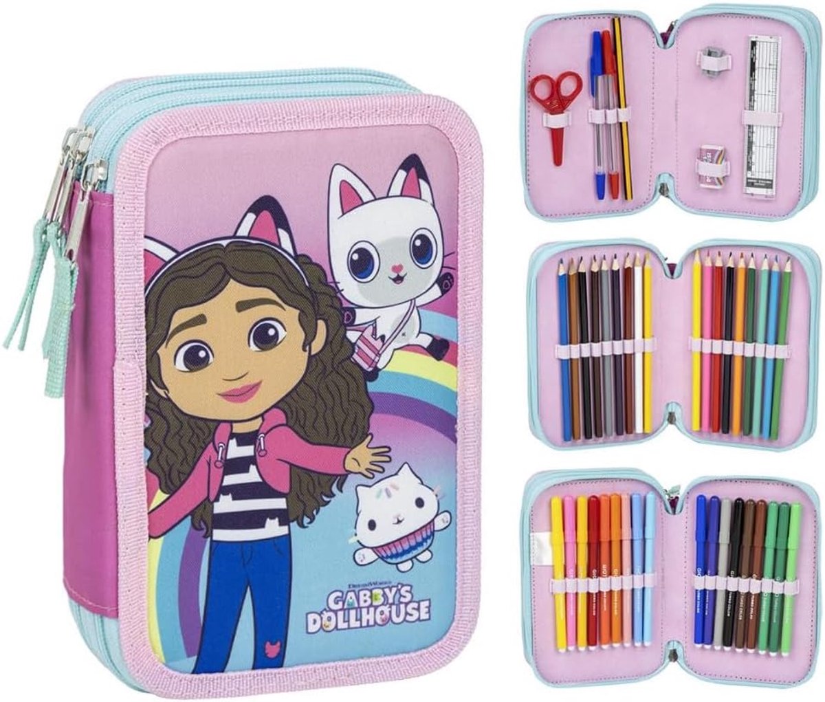 Thijox - Cartoon Etui met Meerdere Vakken, 3 Ritssluitingen, School Etui Compleet met Pennen, Potloden, Kleuren, Viltstiften, 12,5 x 6,5 x 19,5 cm, Vo