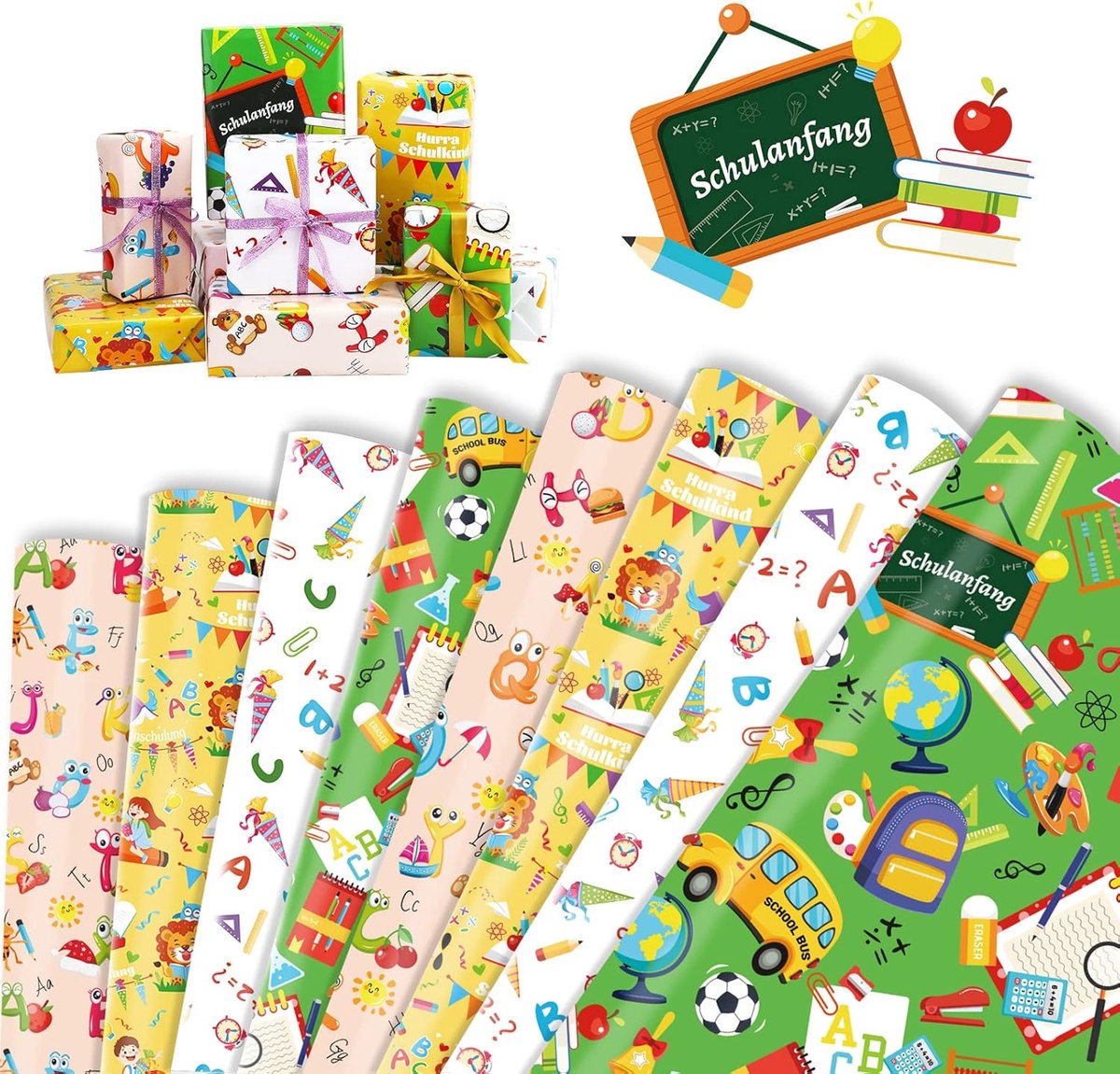 SnelShoppen - Cadeaupapier voor Kinderen - Eerste Schooldag Cadeaupapier - 8 Vellen in 4 Kleuren - Schattige Patronen voor Jongens en Meisjes - 50 x 7