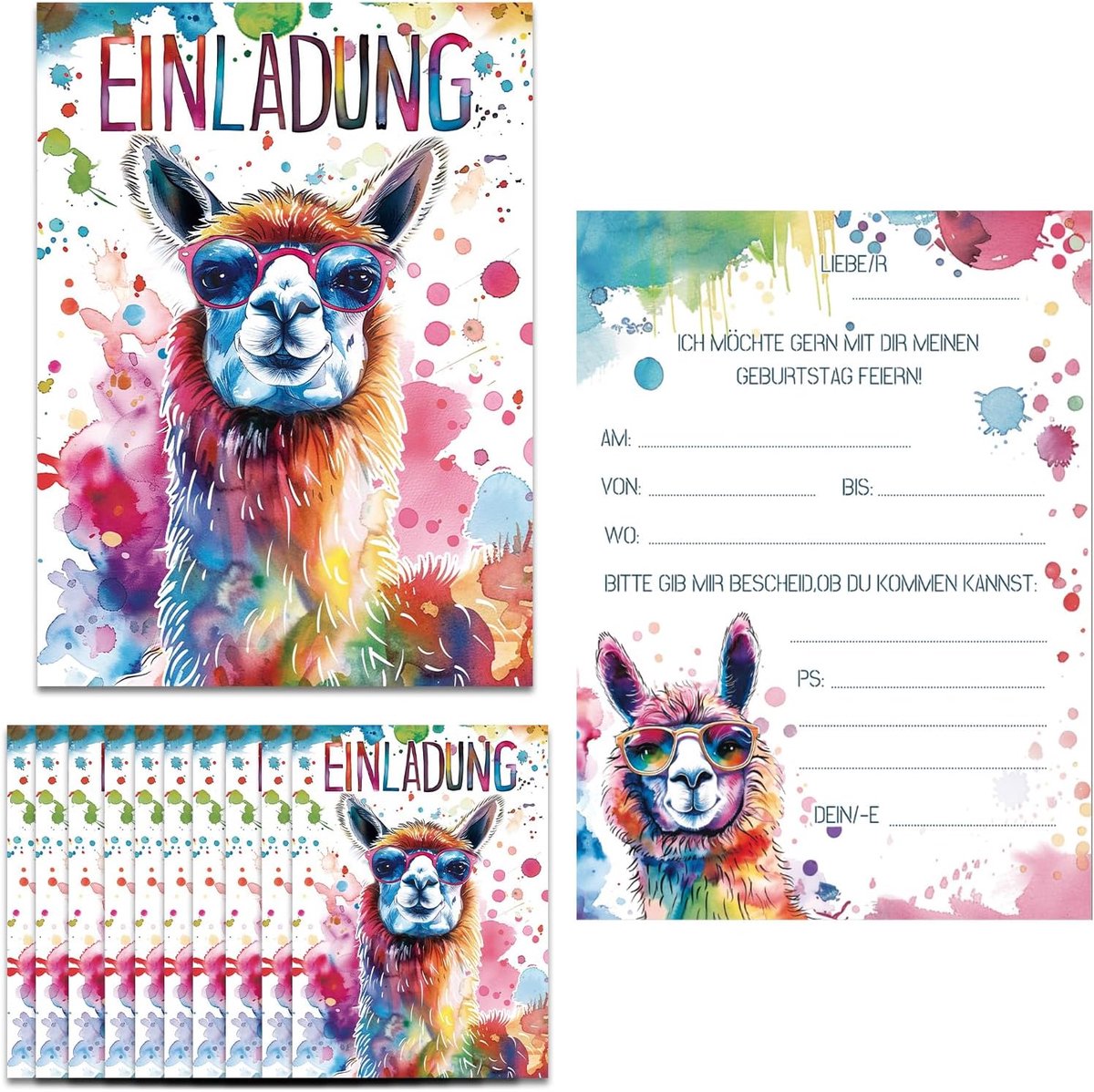 SnelShoppen - 12x Alpaka Verjaardagsuitnodigingen - Grappige Dieren Motieven voor Kinderen - Hoogwaardige Kaarten 350g met Glansafwerking - Feestuitno