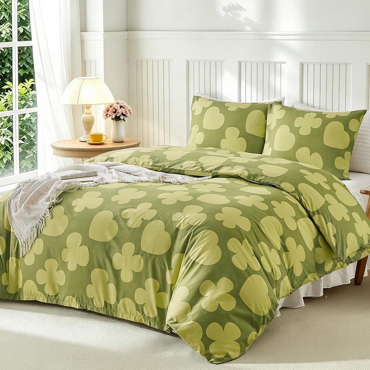 SnelShoppen - Dekbedovertrek 220 x 240 cm met 2 kussenslopen 65 x 65 cm, microvezel, groene lente vlinders en schattige harten, bedlinnen voor volwass