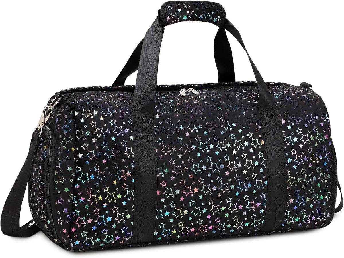SnelShoppen - Plush Sporttas voor Meisjes - Reistas - Duffle Bag - Gymnastiek Trainingstas - 45.7cm - Zwart met Sterren - Ideaal voor Kinderen