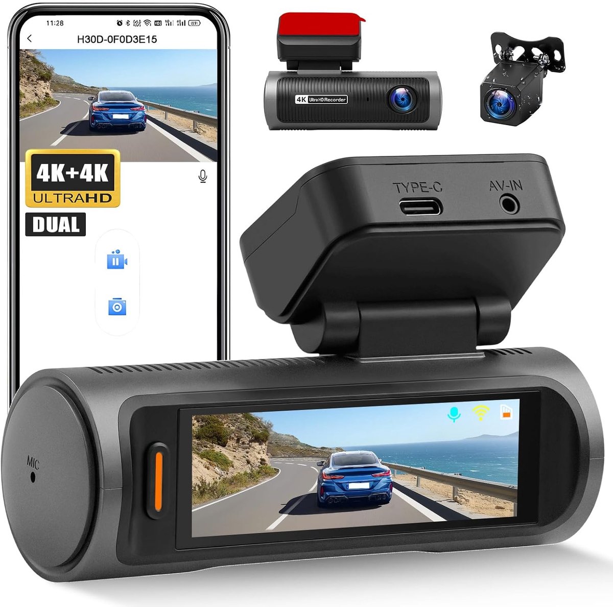 SnelShoppen - 4K Dual Dashcam voor Voorkant en Achterkant, 5GHz WiFi, G-Sensor, Nachtzicht, 3.19" HD Scherm, 24-Uur Parkeerstand, Loopopname