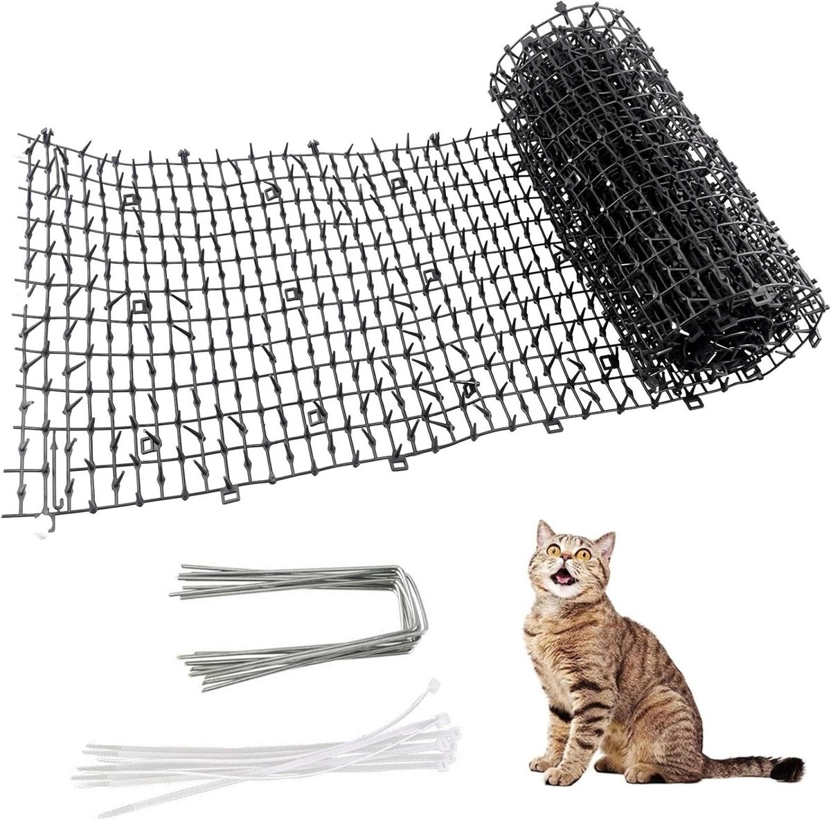 Doornrooster tegen katten en wilde dieren, 30 x 150 cm, anti-kattenmat met haringen en kabelbinders voor effectieve afschrikking in de tuin
