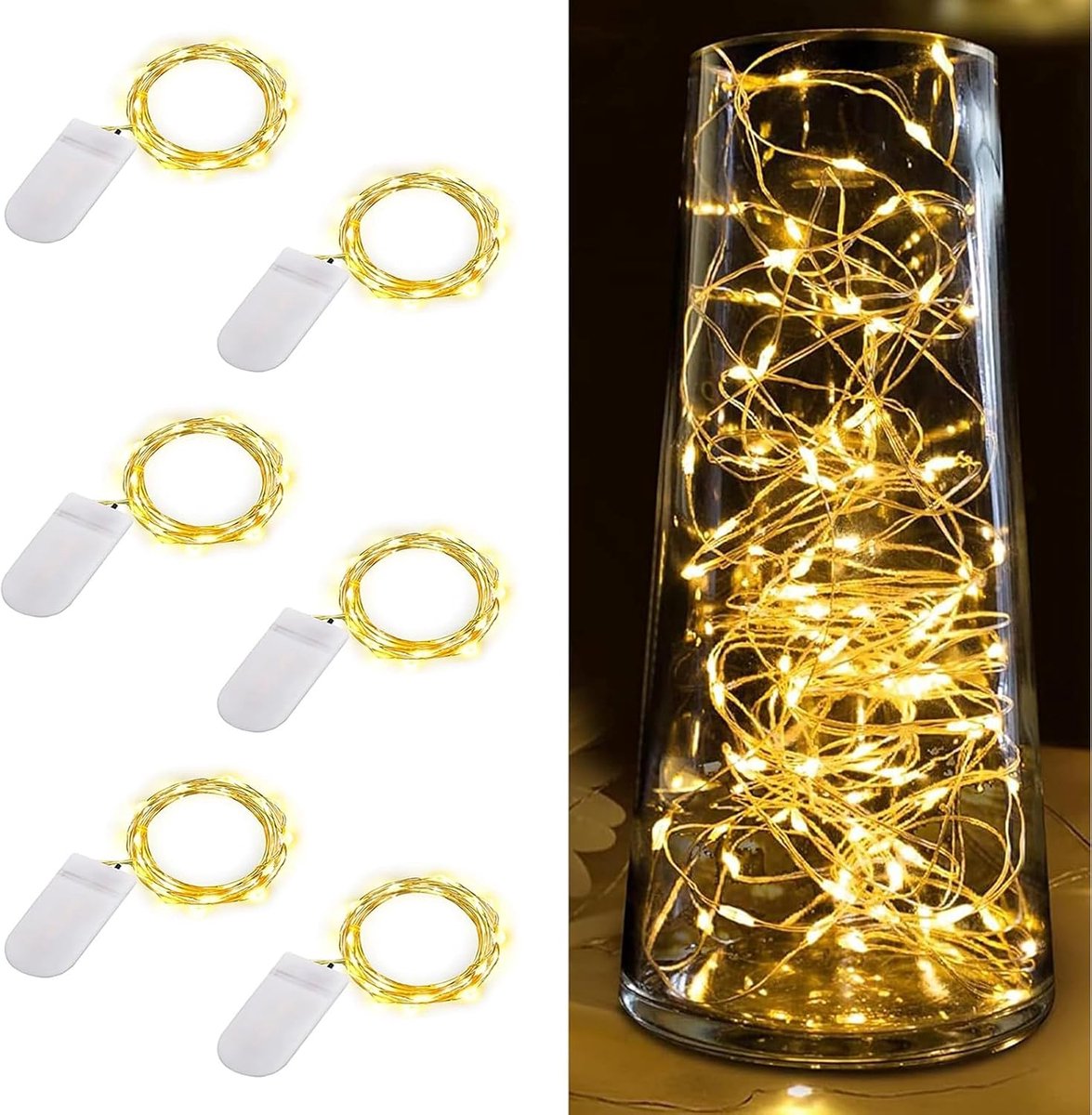 SnelShoppen - 6 x Micro LED Fairy Lights 2m met Batterij, 20 Warm Witte LED's, Koper Draad, Decoratieve Binnenverlichting voor Tuin, Bruiloft, Feest,
