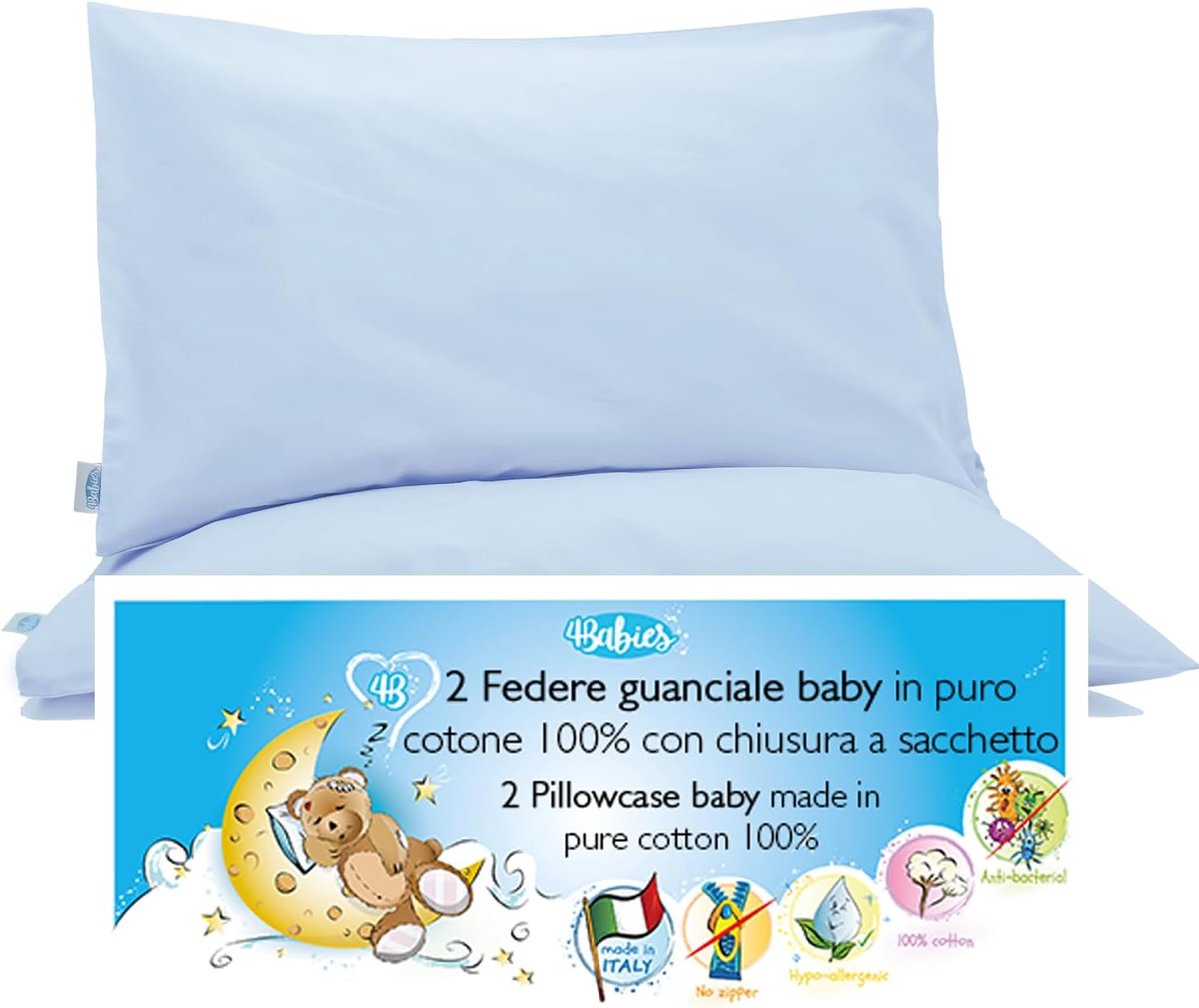 SnelShoppen - Set van 2 Kinder Kussenhoezen 60 x 40 cm - 100% Katoen, Oeko-Tex, Lichtblauw - Perfect voor Babybed en Peuterbed