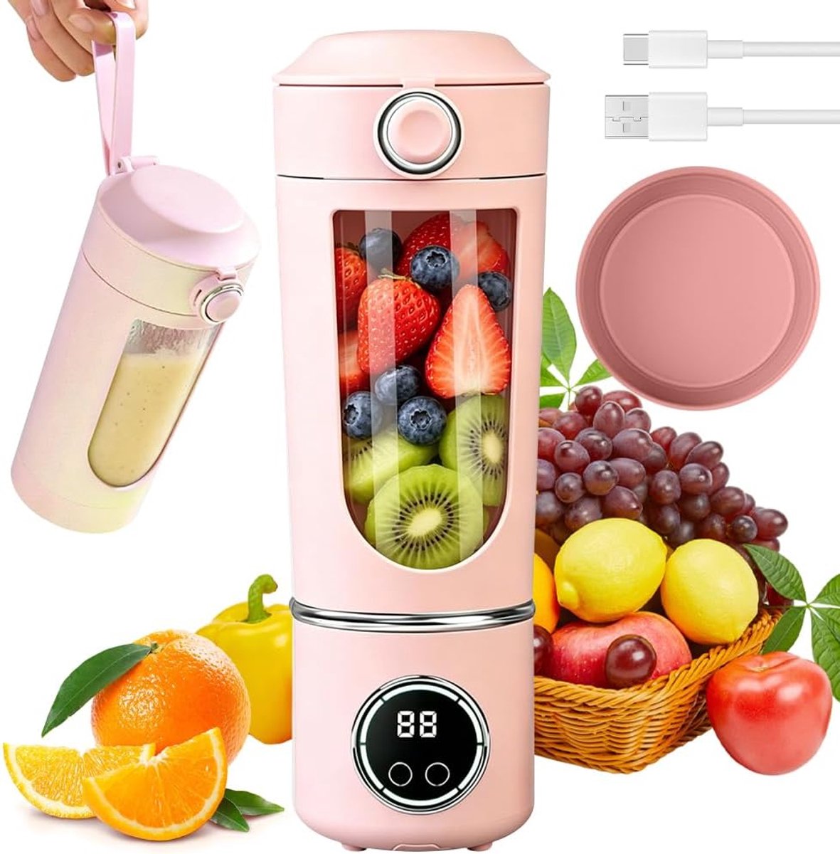 SnelShoppen - Draagbare Mixer 700 ml, Oplaadbare Mini-Mixer met Digitaal Display, Roze, Voor Milkshakes, Smoothies, Fruit en Groenten, Ideaal voor Spo