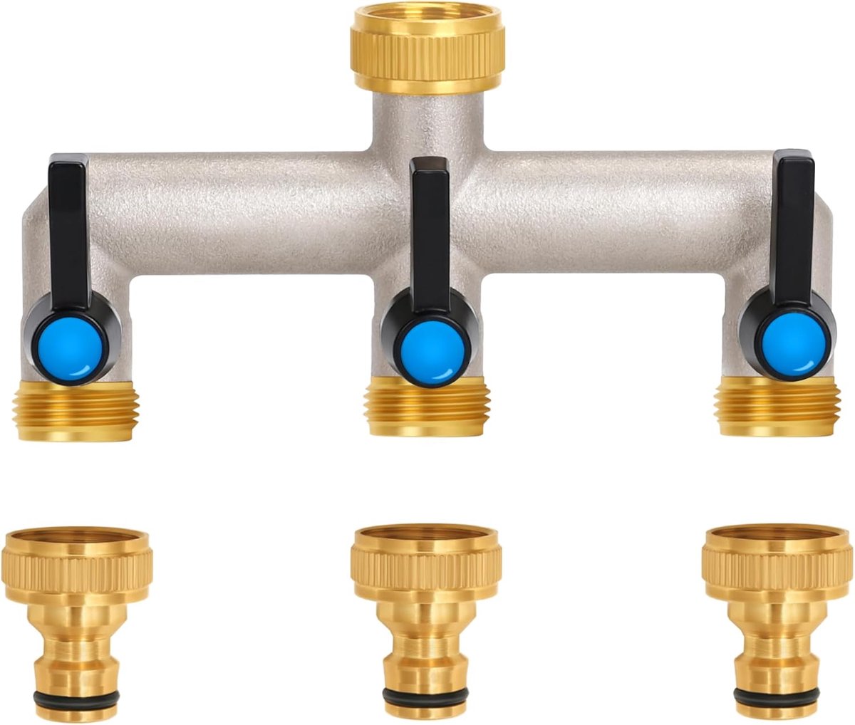 SnelShoppen - 3-Weg Waterverdeler met Verlengd Handvat, 3/4 Inch Messing Waterverbinder, Individuele Afsluitkranen, 3-Delige Verdelerset 3/4 Inch Adap