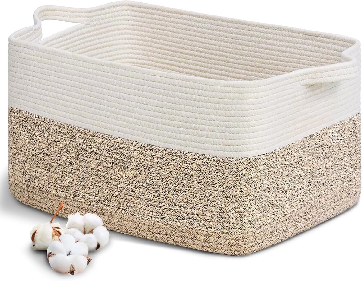 SnelShoppen - Grote Vouwen Katoenen Wasmand 63L met Handvat 55 x 30 cm - Woven Katoenen Opbergmand voor Kleding, Speelgoed, Wassen in Woonkamer, Slaap