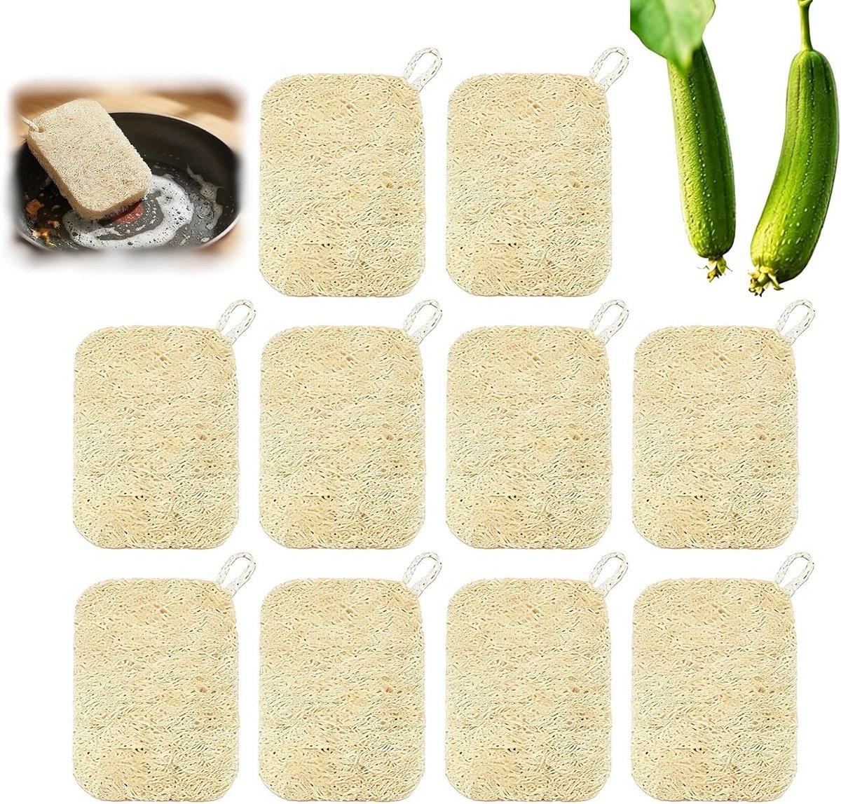 Set van 10 biologische loofah sponzen, 9 x 14 cm, zeer absorberend en vuilafstotend, ideaal voor keuken en badkamer, zachte peeling en milieuvriendelijk herbruikbaar alternatief