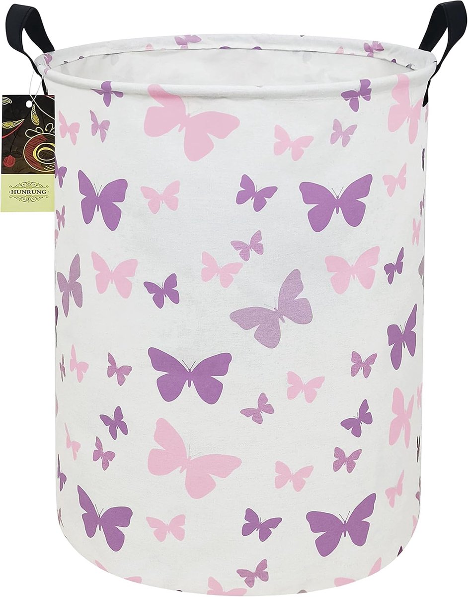 SnelShoppen - Grote Ronde Vouwbare Wasmand, Waterdichte Katoenen Canvas Opbergmand met Verstevigde Handvatten, Paars Vlinderpatroon voor Badkamer, Sla