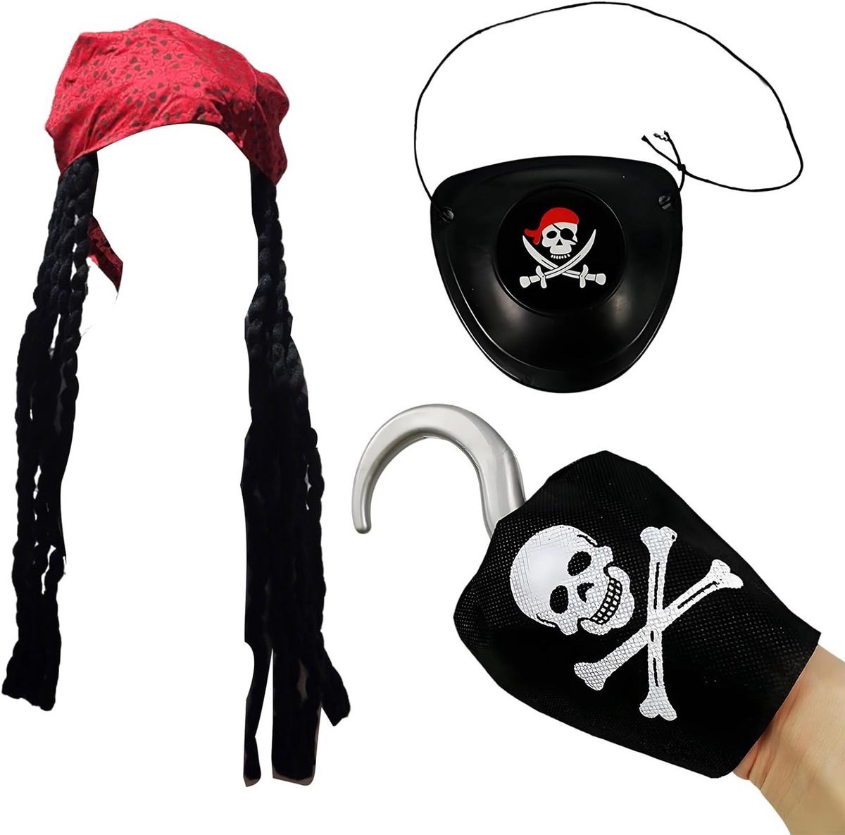Complete piratenaccessoireset met hoed, pruik, oogklep en handhaak voor kinderen - perfect voor Halloween, maskerade en piratenfeestjes
