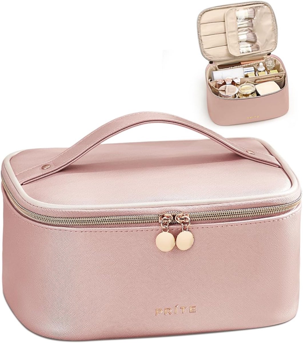 SnelShoppen - Grote Cosmeticabag voor Vrouwen, Reistas, Waterdichte Toilettas van Leder, Draagbare Make-up Organizer in Parelpink met Handvat en Verwi