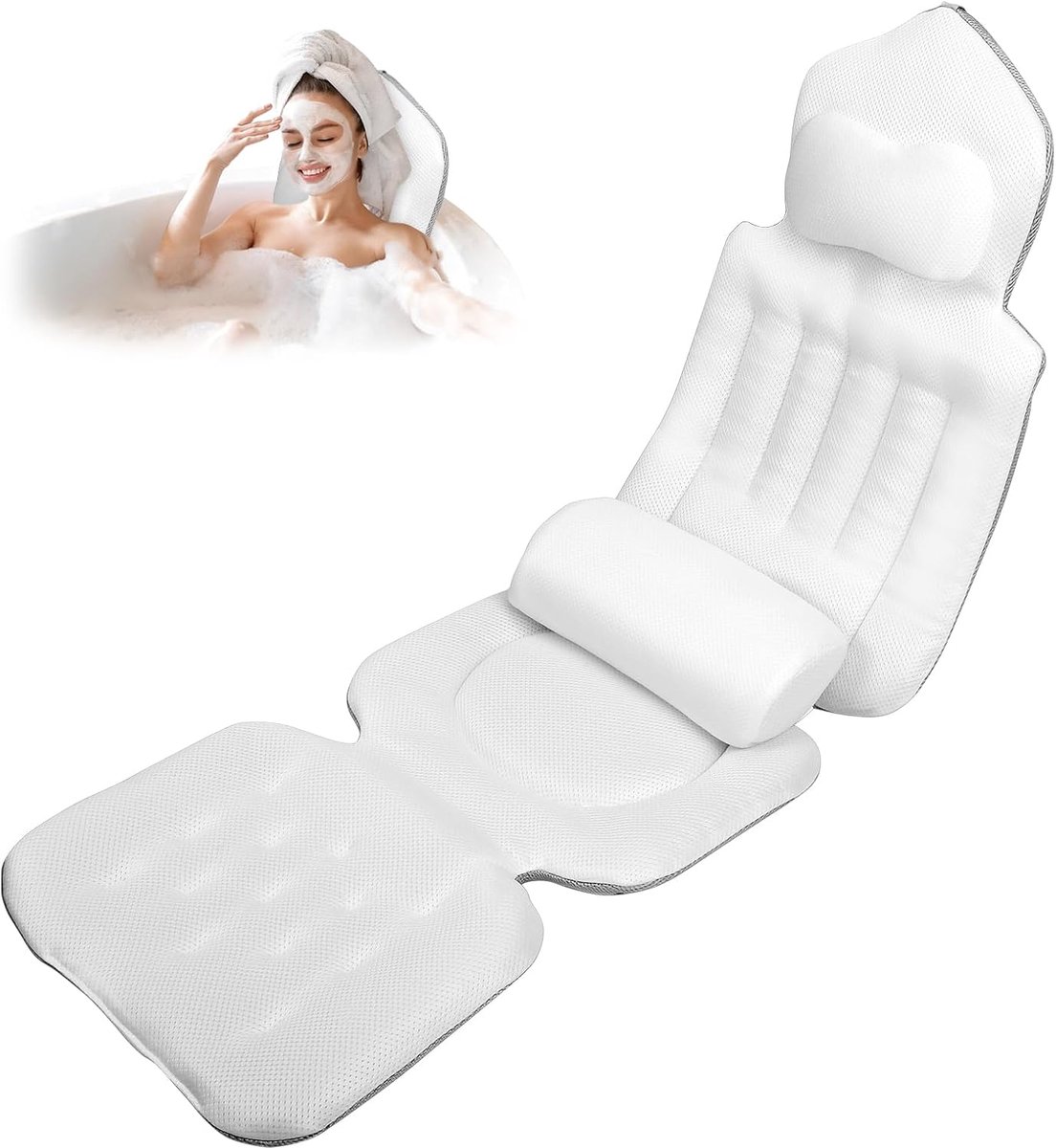 Thijox - Badkussen met EXTRA Lendenkussen en Hoofdsteun - 4D Zachte Badkussenset met 144 Zuignappen (12x meer grip!) - 133x41 cm - Inclusief Waszak -