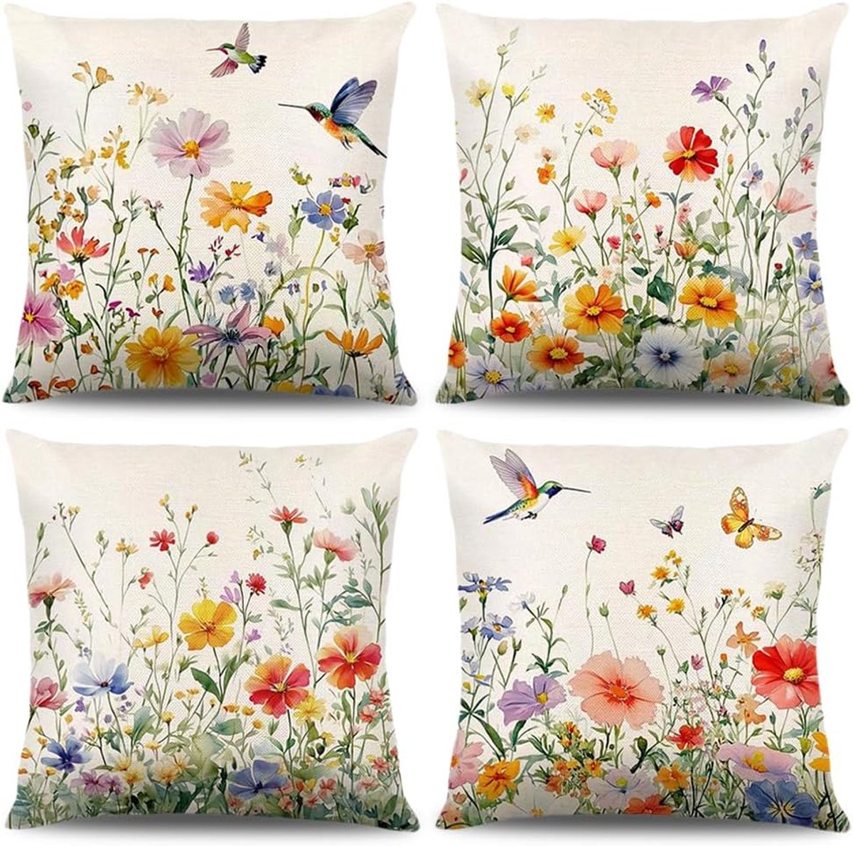 SnelShoppen - Set van 4 Decoratieve Kussenhoezen - Lente Bloemen 40x40 cm - Polyester Linnen voor Sofa, Slaapkamer en Thuisdecoratie