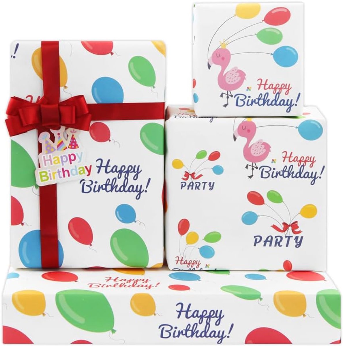 SnelShoppen - Happy Birthday Cadeaupapier Set, 4 Vouwbare Ballonnen Gift Wrap Vellen, inclusief Rood Lint en Kaart, 50x70 cm voor Kinderen, Meisjes en