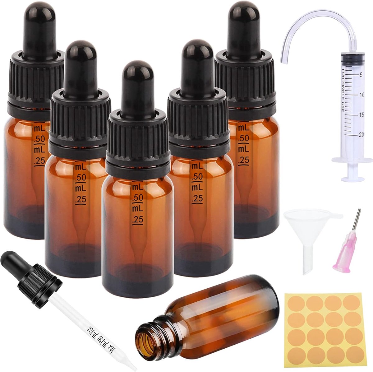 SnelShoppen - 10ml Pipette Flesjes Set van 6 - Bruine Glazen Dopperflessen met Pipet voor Nauwkeurige Dosering - Ideaal voor Essentiële Olie, Geuren,
