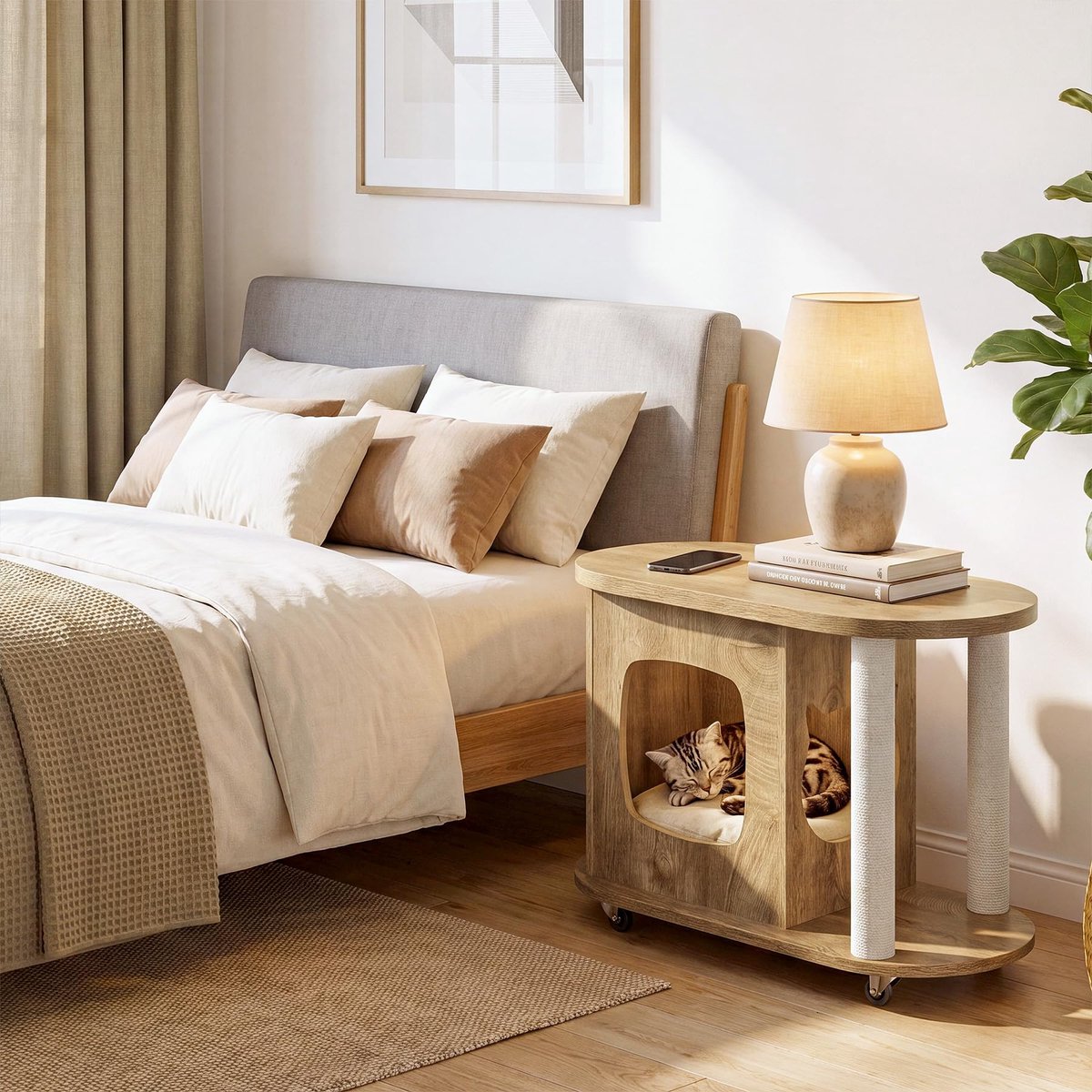 LITTLE TREE Ovale Zijkanttafel - Uitgerust met krabpaal en kattenbed - 360° zwenkbare onderstelwielen voor thuis - Wit en bruin