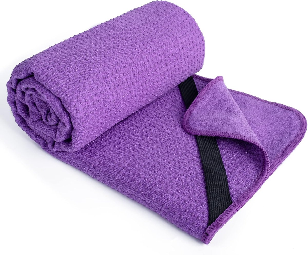 SnelShoppen - Microfibre Hot Yoga Towel Mat met Antislip Siliconen Grip en Veilige Elastische Bandjes, 24 x 72 Inch (Paars) voor Stabiliteit en Hygiën