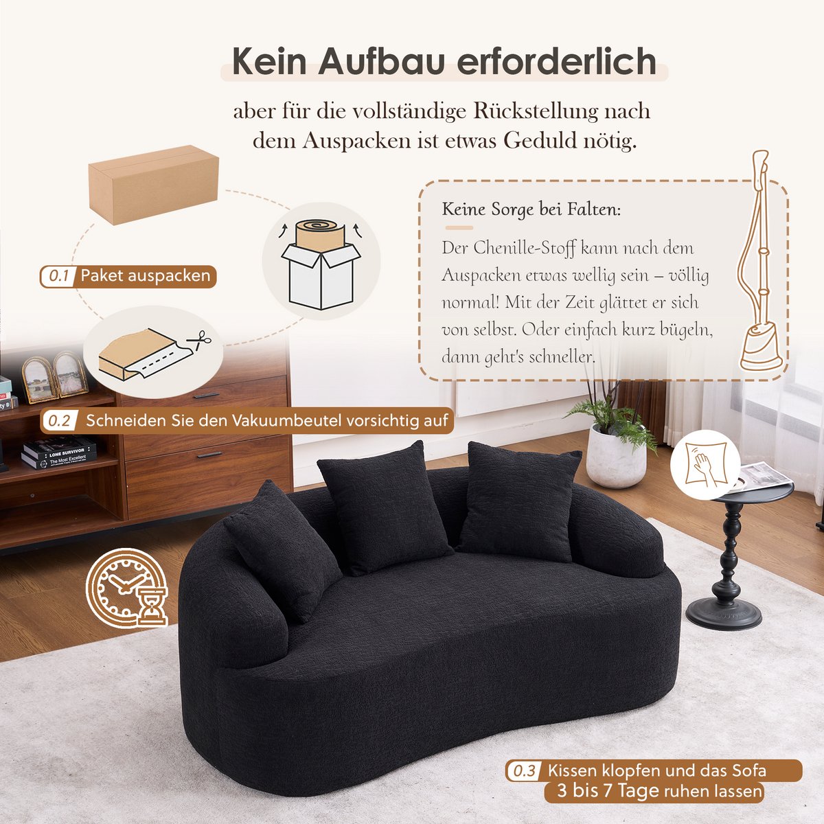 HAUSS SPOLE Zitbank - Gebogen Tweezitsbank - Compact En Comfortabel Met 3 Sierkussens - Voor Woonkamer En Appartement - Chenille Zwart