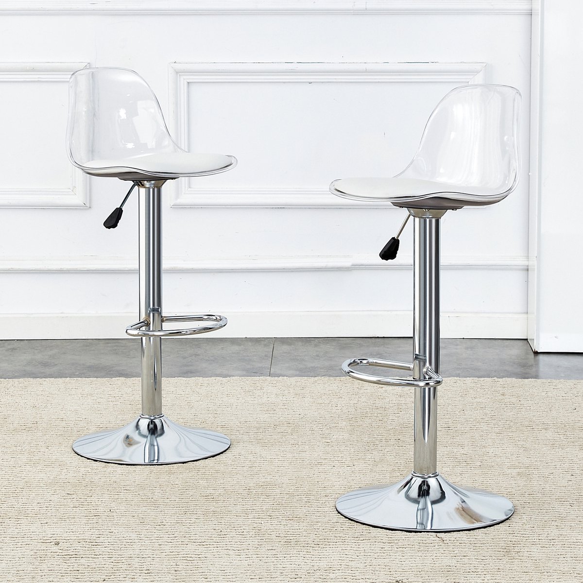 DESMIU Barkruk - Set Van 2 - Verstelbaar 82 Tot 104 Cm Met Transparante Rugleuning En 360 Graden Draaibare Zitting - Metaal Wit Zilver