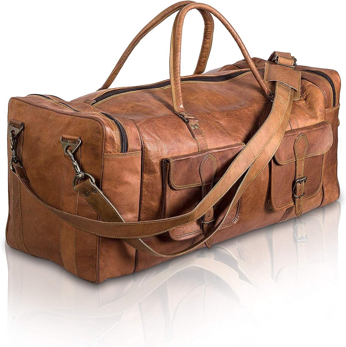 SnelShoppen - Grote Handgemaakte Sporttas voor Mannen - Leren Tote - Reizen, Weekend, Gym, Wandelen - Vintage Bruin - 76.2cm, 30X11X10 inch, Reis- en