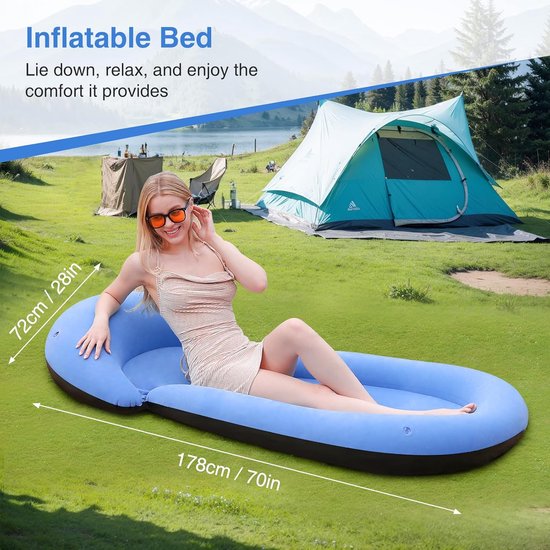 Thijox - Opblaasbare Strandmat 180 x 75 cm met Gevlokt Oppervlak en Kussenomlijsting in Blauw voor Perfecte Zomer Dagen op het Strand, Camping of in d — afbeelding 3