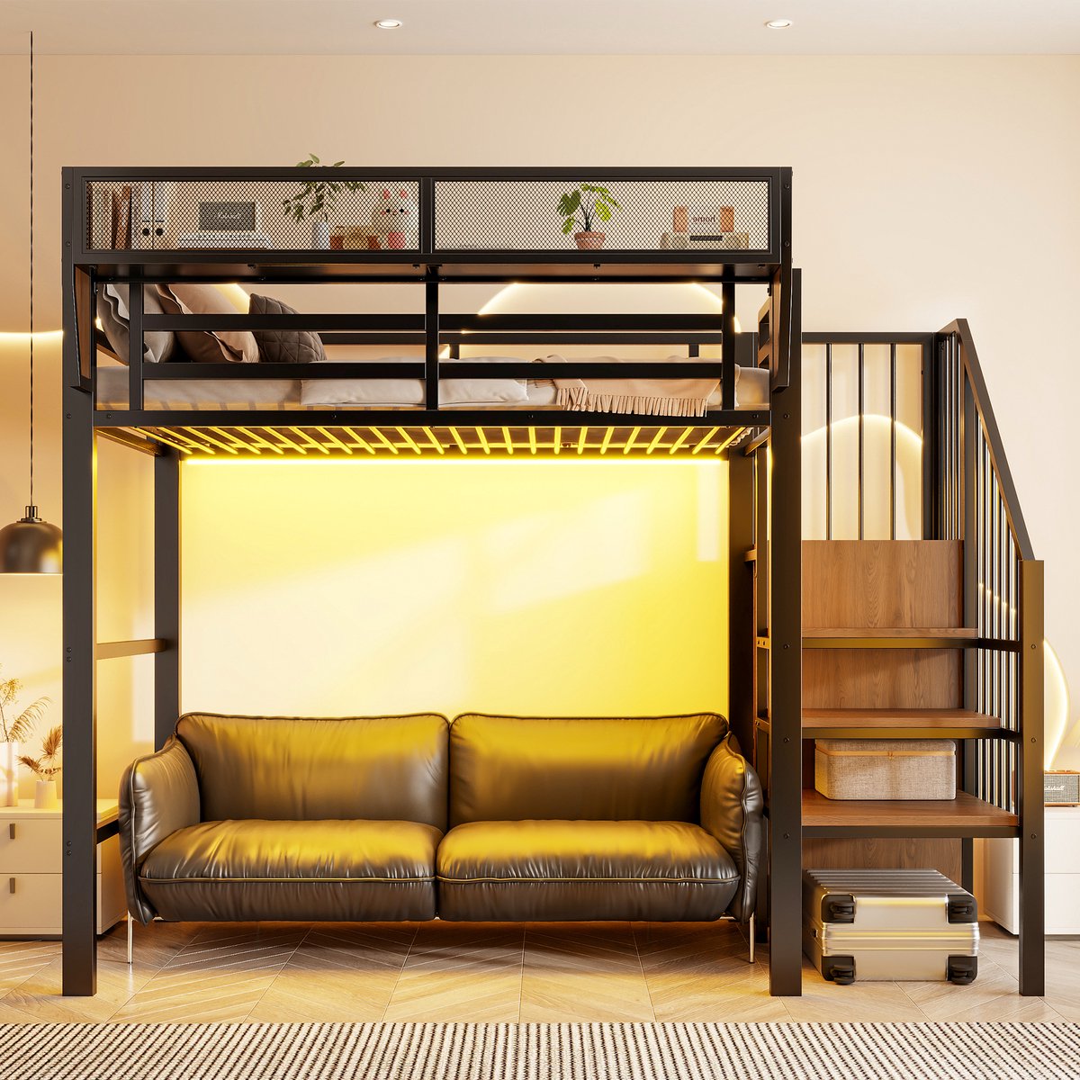 Hoogslaper 90x200 cm - Met LED-Verlichting, Veiligheidsladder en Opbergrek - Ruimtebesparend voor Kleine Kamers - Zonder matras - Metaal en MDF - Zwart