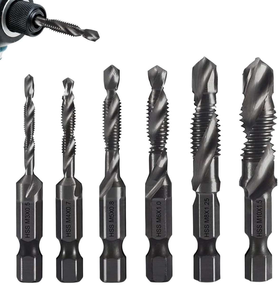 SnelShoppen - 6-Delige Combi Boor en Draad Snijd Set M3, M4, M5, M6, M8, M10 - Hoogwaardig HSS Materiaal - Ideaal voor Metaal en Houtbewerking