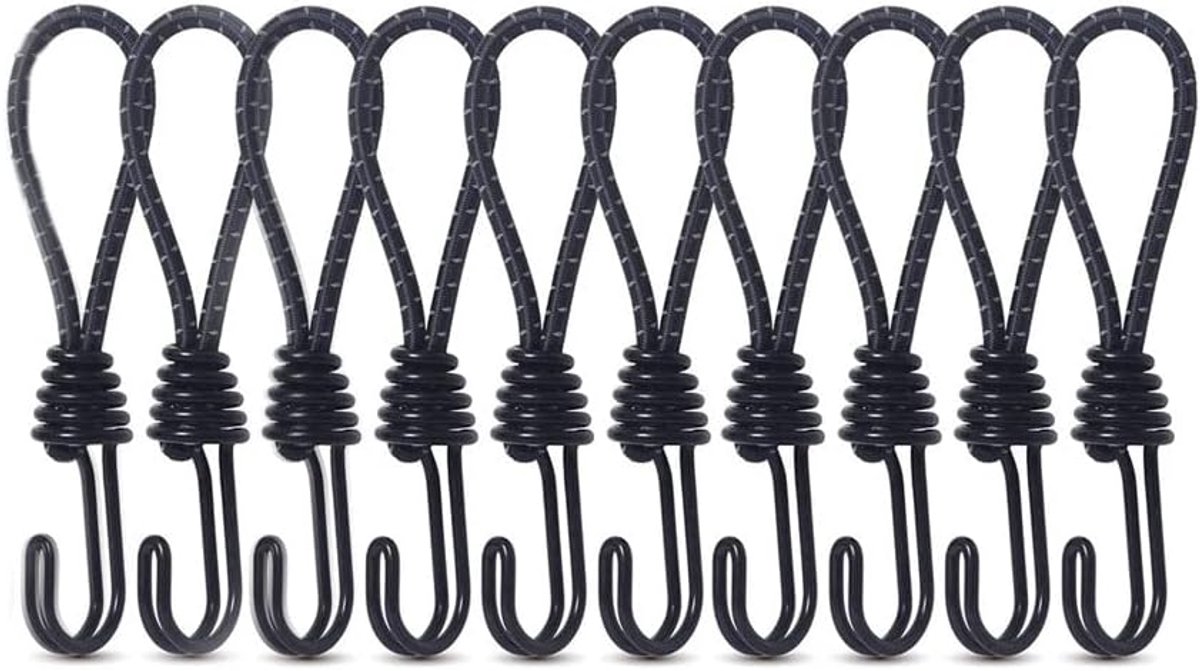 SnelShoppen - 10 stuks spanrubber met haken 15 cm - Rubber spanners met haken voor zeil, banners, affiches, tenten - Zwart, ideaal voor transport en b