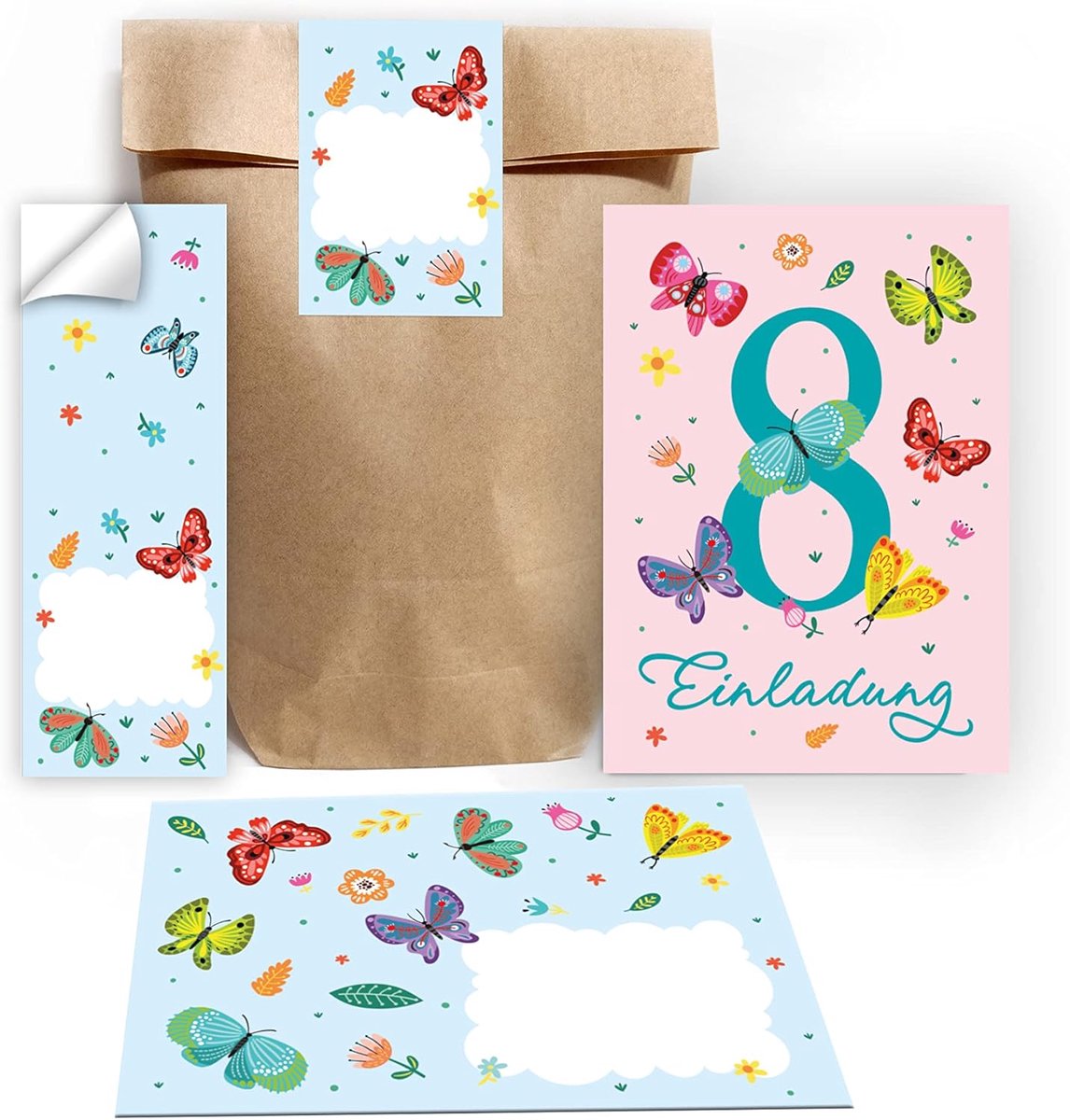 SnelShoppen - 12 Uitnodigingskaarten 8e Verjaardag Meisje Vlinders incl. 12 Enveloppen, 12 Cadeauzakjes, 12 Stickers - Voor Feest, Kinderfeestje, Verj