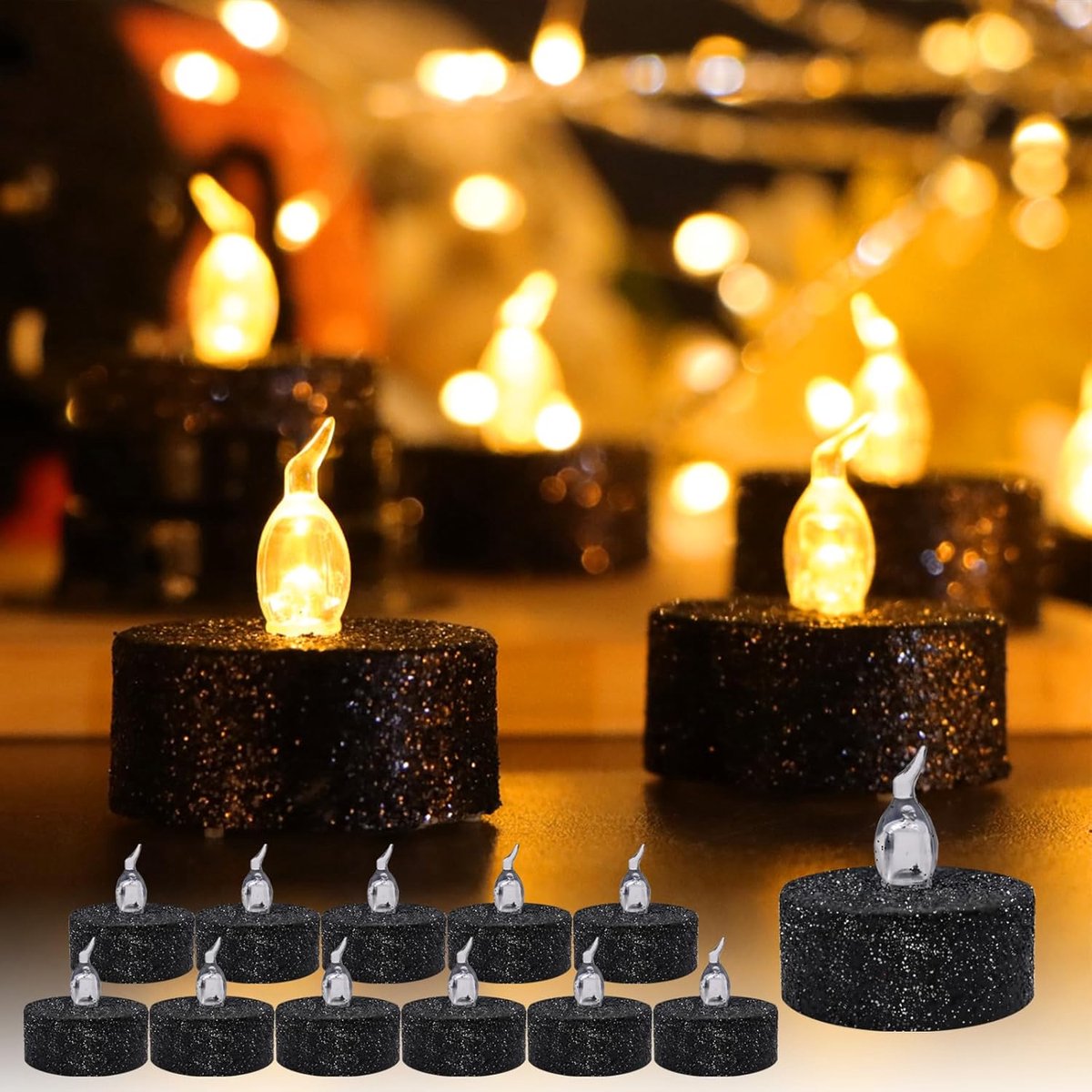 SnelShoppen - 12 Stuks LED Theelichten Vlamloze Decoratieve Kaarsen met Flicker Effect - Zwarte Glitter - Ideaal voor Bruiloften, Feesten, Verjaardage