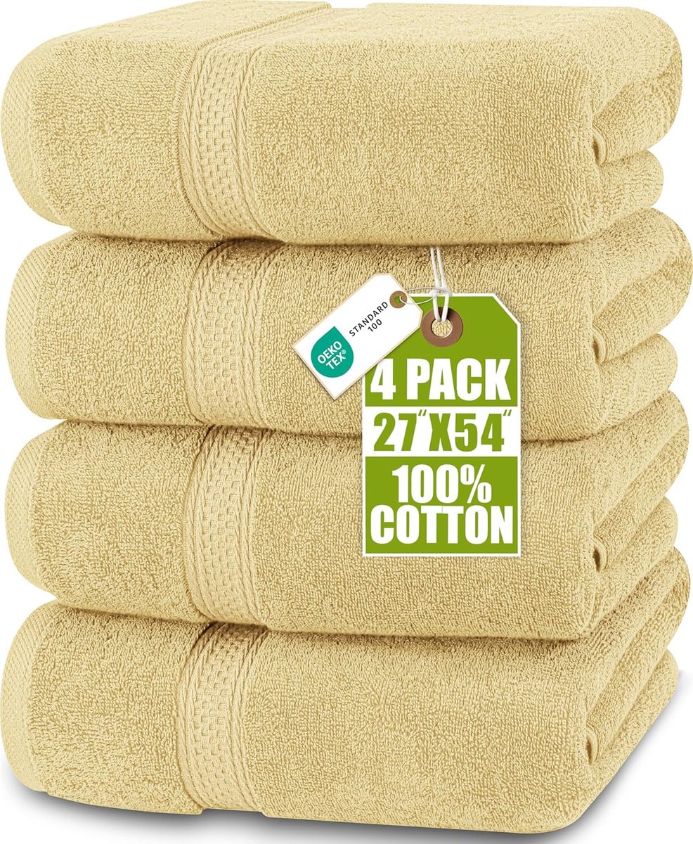 SnelShoppen - Luxe Badhanddoeken Set van 4 - 600 g/m², 100% Ring-Spun Katoen, Sneldrogend, Hoog Absorberend, Zacht, Beige, 68.5 x 137.2 cm, Perfect vo