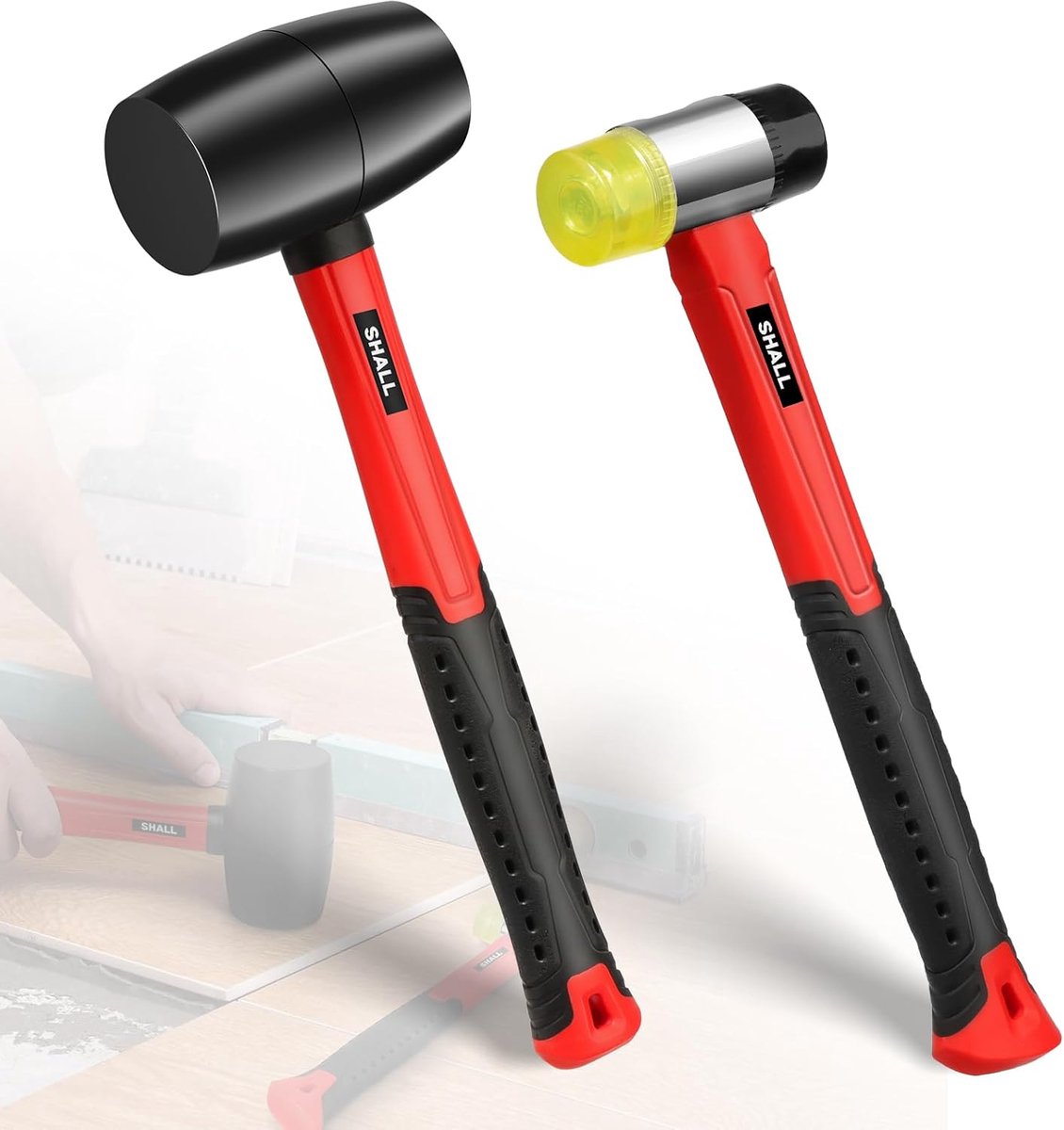 SnelShoppen - 2-Delige Rubber Hamer Set, 16 oz en 40mm Dubbelzijdige Zachte Hamer, Schokbestendig Fiberglass Handvat met Kussen Grip, Beschadiging Vri