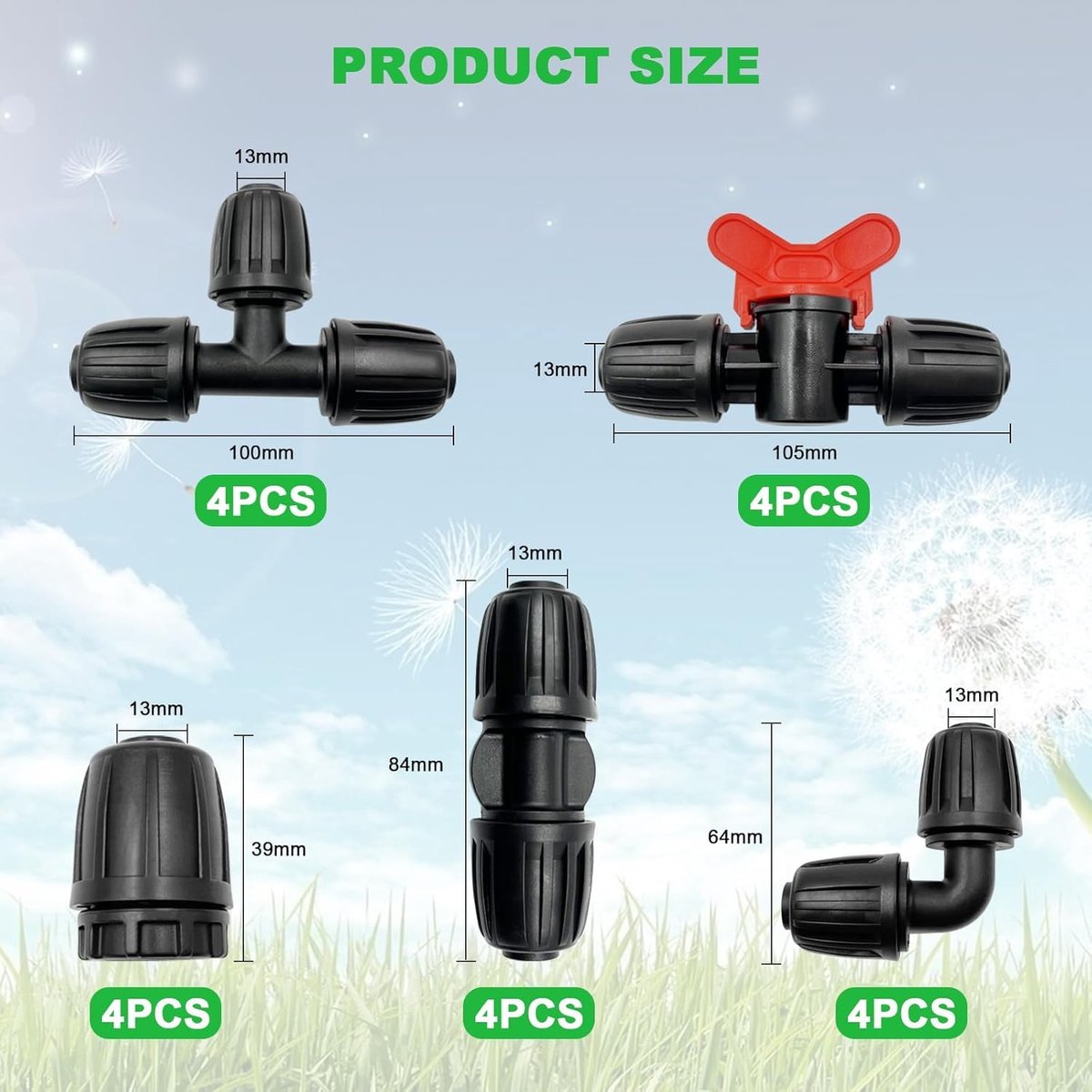 SnelShoppen - 20pcs Irrigation Fixtures Kit voor 1/2 Inch Drip Hoses - Tees, Couplings, Endstukken, Hoekstukken, Schakelkleppen - Barbed Connectors vo