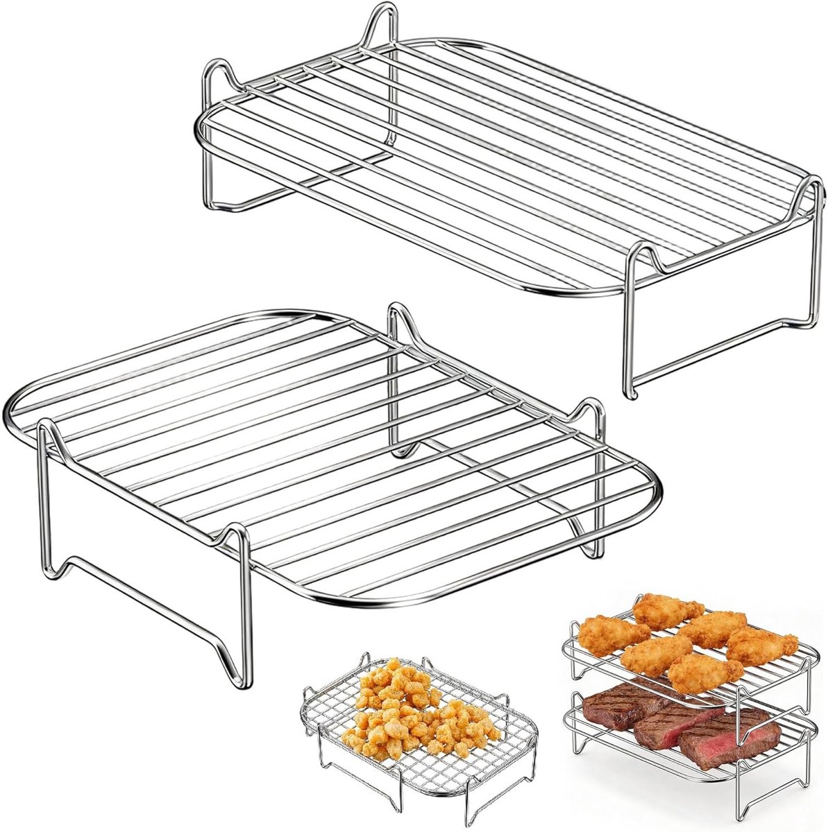 Set van 2 stapelbare luchtfriteuse accessoires, roestvrij staal, geschikt voor 7.6 L - 10.4 L modellen, oven en stoomfunctie