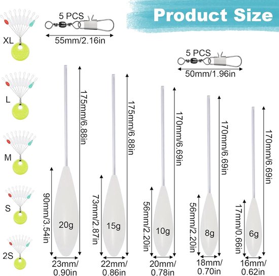 SnelShoppen - Set van 25 Sbirolino Forelhengelaccessoires - Drijvend en Zinkend - 6g, 8g, 10g, 15g, 20g - Inclusief Lijnstoppers en Wervelvissen - Per — afbeelding 5