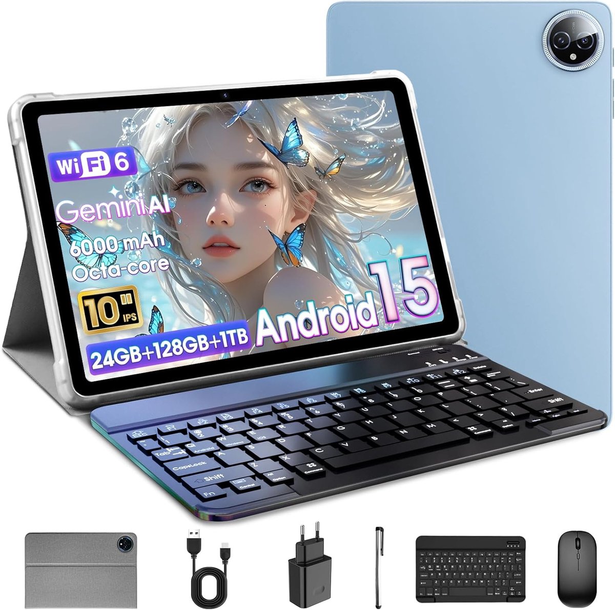 SnelShoppen - 10 Inch Android 15 Tablet met T615 Octa-core, 24GB RAM, 128GB ROM, 1TB TF, WiFi 6, Bluetooth 5.4, 5MP+8MP Camera, 2-in-1 Tablet met Toet