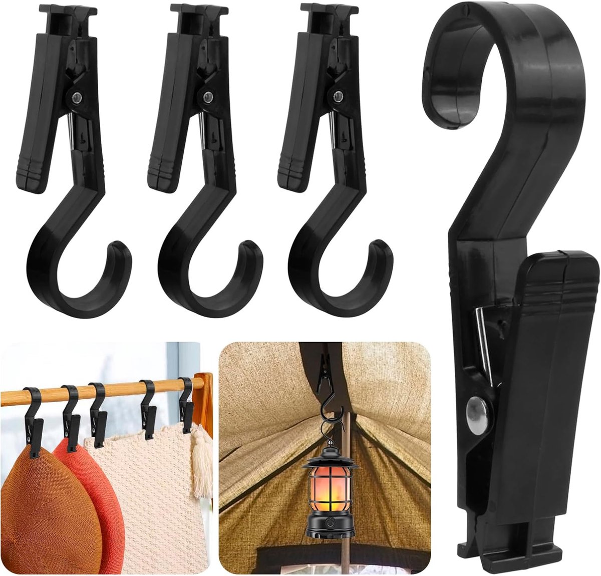 SnelShoppen - Multifunctionele Kledingknijpers - 4 Stuks - Zwarte PP Kunststof - Voor Camping, Tenten, Vaatdoeken, Wasdroging - Handige Haak Clips