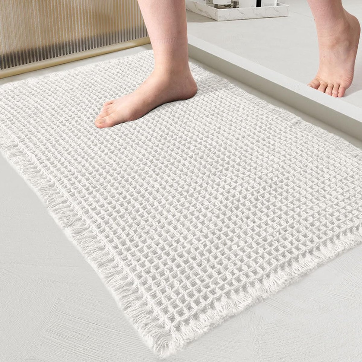 SnelShoppen - Cotton Waffle Badmat Antislip, Absorberend & Sneldrogend, Wasbare Badmat voor Douche en Badkamer, Wit, 60 x 180 cm