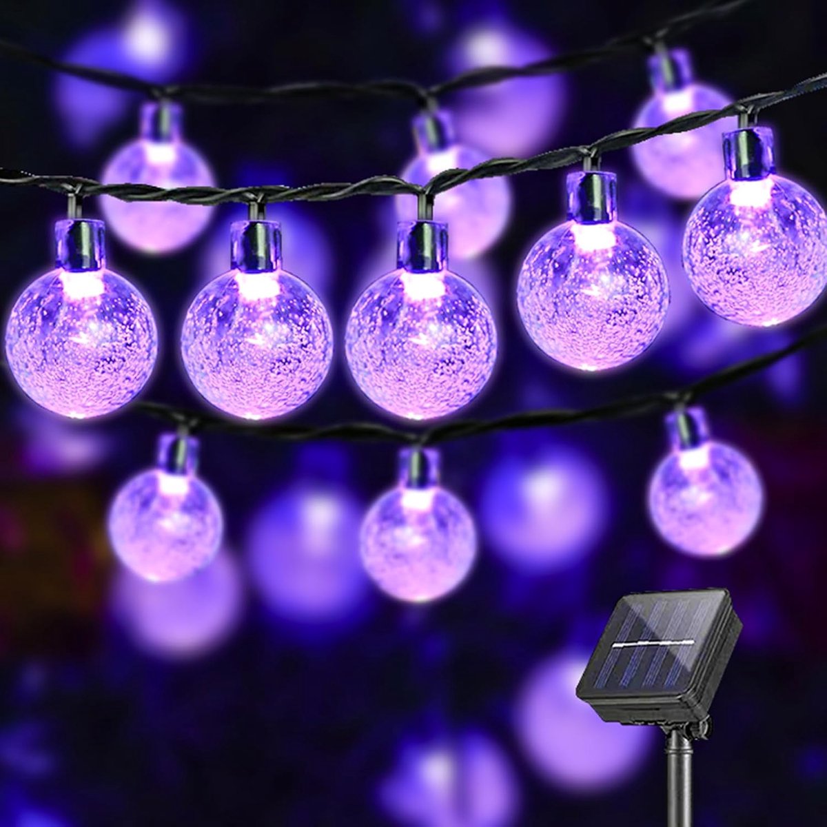 SnelShoppen - Solar Fairy Lights Buiten Tuin 60LED 13M IP44 - 8 Modus Crystal Ball Lichten voor Balkon, Patio, Raam - Paarse Sfeerverlichting voor Fee