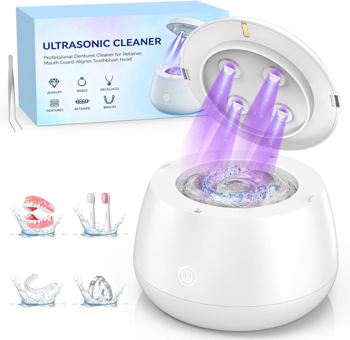 SnelShoppen - Ultrasoon reinigingsapparaat voor tandprothesen, 48000 Hz reiniger met 200 ml tank, geschikt voor aligners, retainers, mondbescherming,