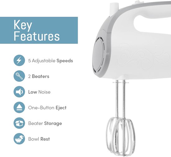 SnelShoppen - Ultra Power Elektrische Handmixer 5 Snelheden Wit, Roestvrijstalen Garde, Keuken Mixen, Bakken, Beaten, Ideaal voor Feest en Koken van Snelshoppen — afbeelding 3