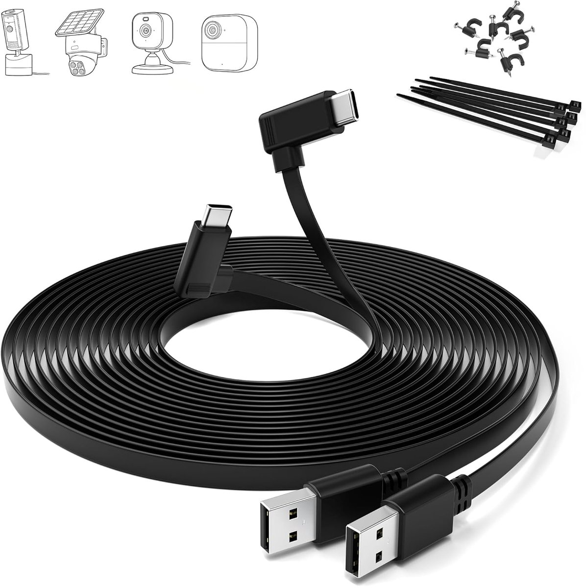 SnelShoppen - USB C Verlengkabel Plat 9M Set van 2, 90 Graden Extra Lange USB A naar USBC Kabel voor Beveiligingscamera's, Tapo, Ring, eufy SoloCam, Z