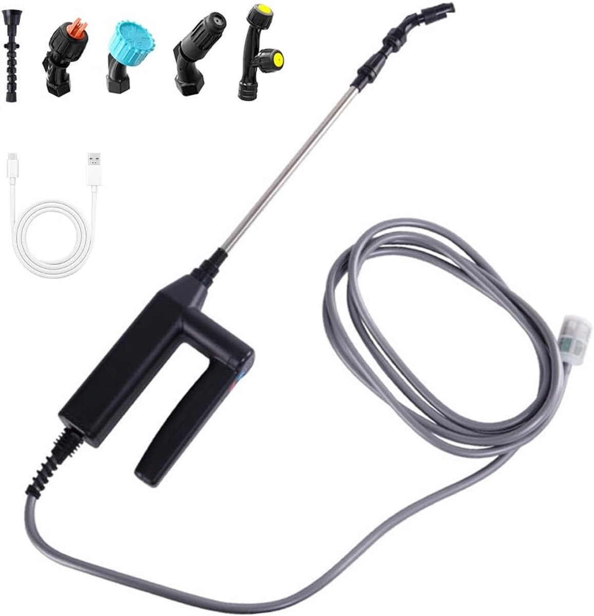 SnelShoppen - Accu Druksproeier Elektrisch met Telescopische Sproeistok, 5m Slang, 5 Sproeikoppen, 3 Sproeistanden & LED-indicator voor Tuin, Gazon, T